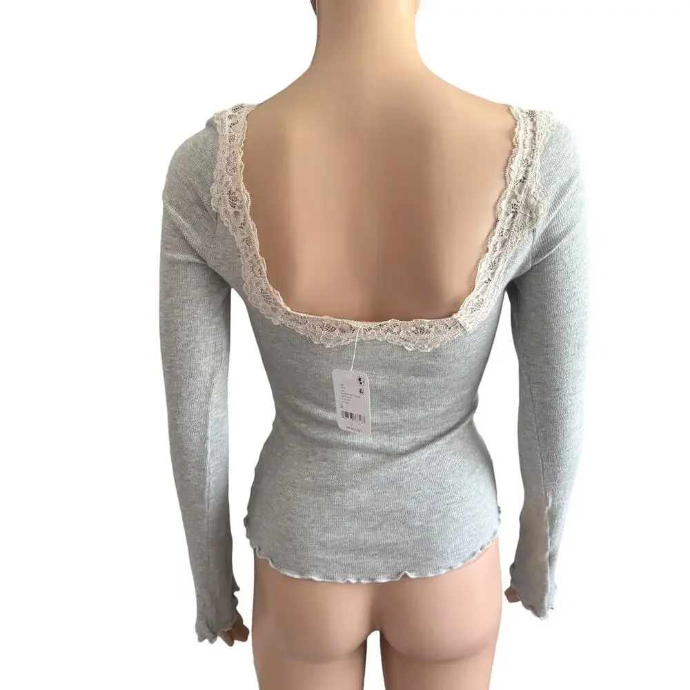 Free People Lace Trim Thermal Top Bell Sleeve Coquette Light Boho Gray NWT M - Picture 4 of 8